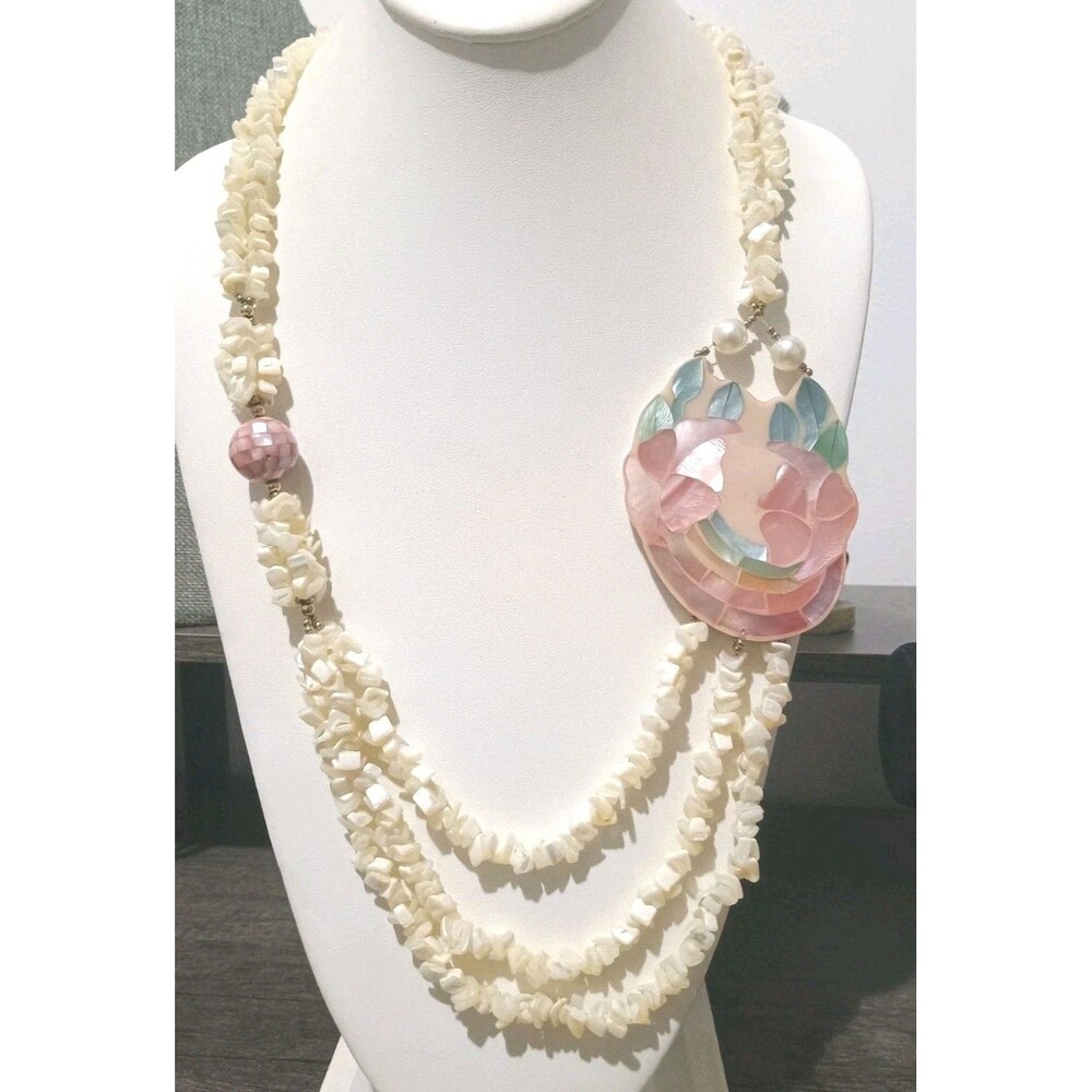 Abalone Mother Of Pearl Mosaic Inlay Floral Double Strand Vintage Necklace